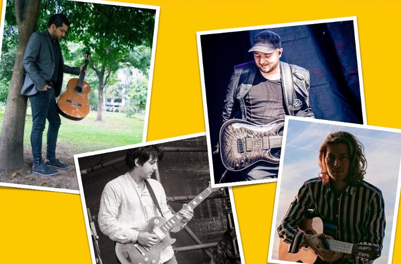 Portraitbilder der jeweiligen Künstler auf einem gelben Hintergrund