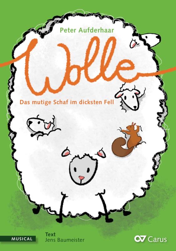 Schaf mit viel Wolle, wo drei weitere drin sitzen sowie ein Eichhörnchen und oben eine Überschrift mit Wolle