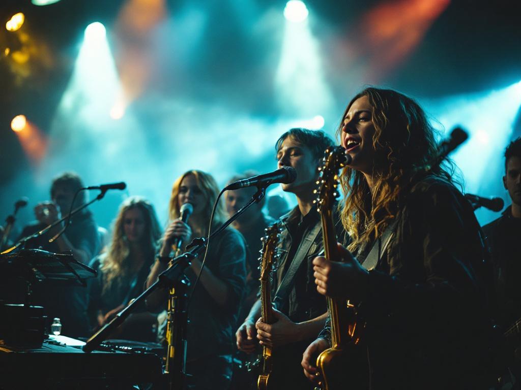Mehrere Frauen singen in Microphone und spielen nebenher noch auf ihren Gitarren