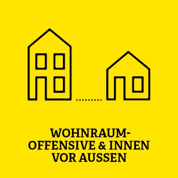 Gelbe Kachel mit zwei Häuser in der Mitte und unten der Aufschrift Wohnraumoffensive und Innen vor Außen
