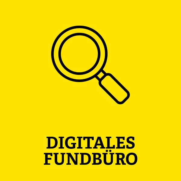 Gelbe Kachel mit einer Lupe und der Aufschrift Digitales Fundbüro