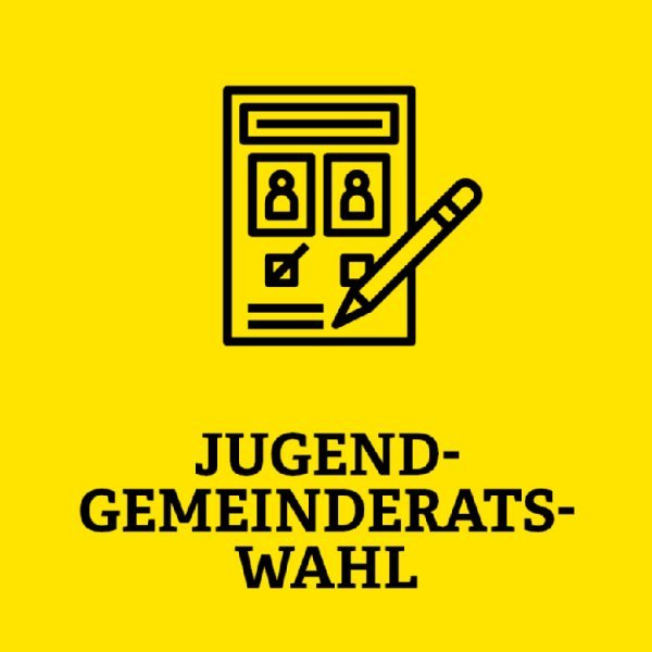 gelber Kasten mit ausgefülltem Fragebogen als Symbol und der Aufschrift Jugendgemeinderatswahl