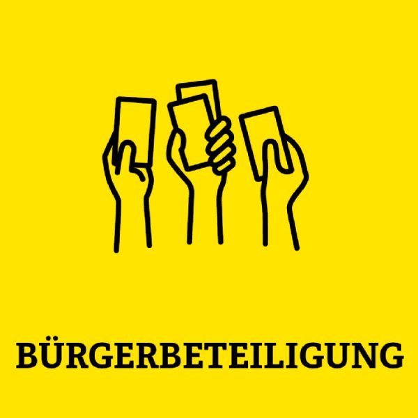 Gelbe Kachel mit der Aufschrift Bürgerbeteiligung