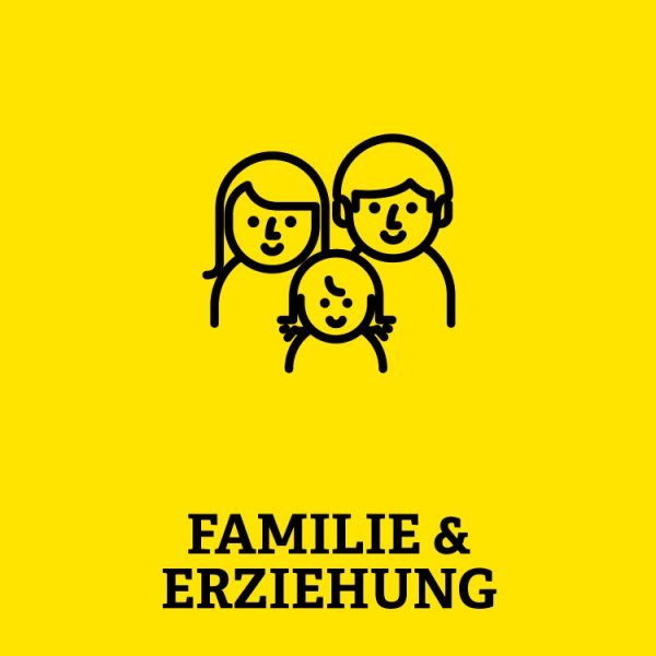 3-köpfige Familie mit Aufschrift Familie und Erziehung