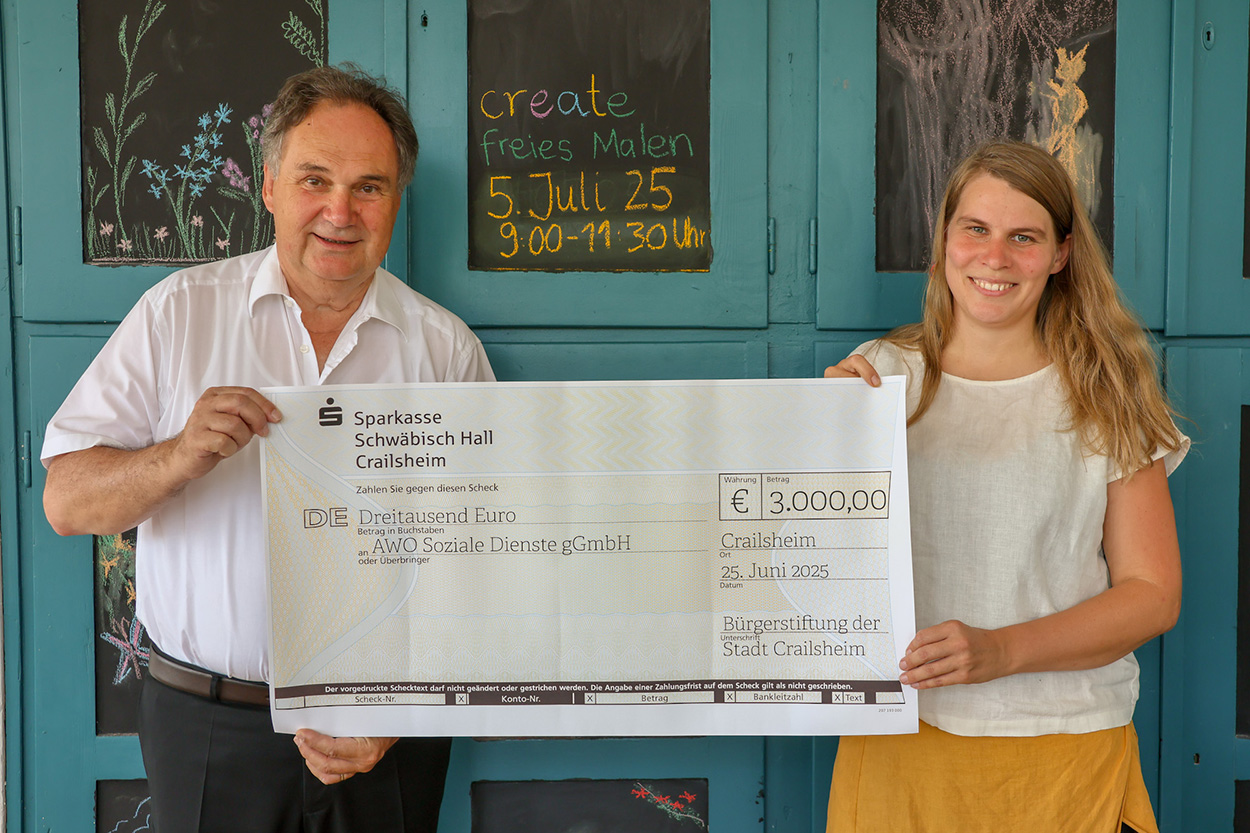 Ein Mann und eine Frau halten gemeinsam einen übergroßen Scheck in die Kamera