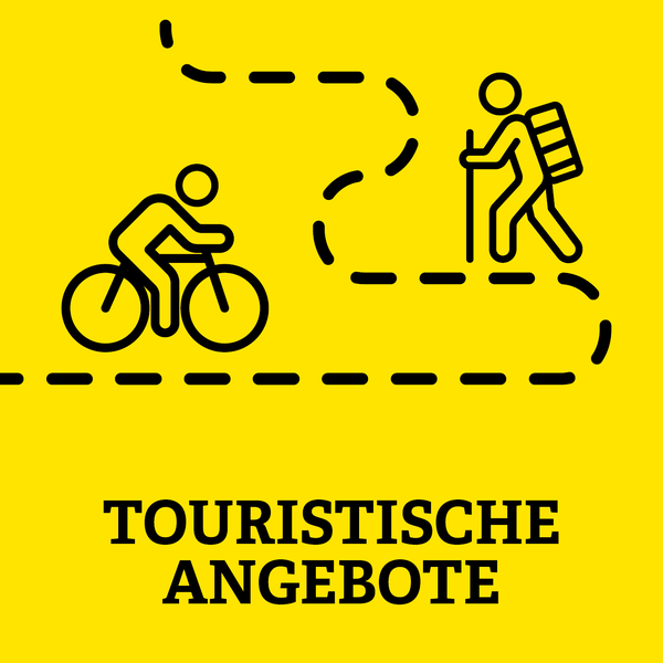 gelbe Kachel mit einem Fahrradfahrer und einen Wanderer und der Aufschrift Touristische Angebote