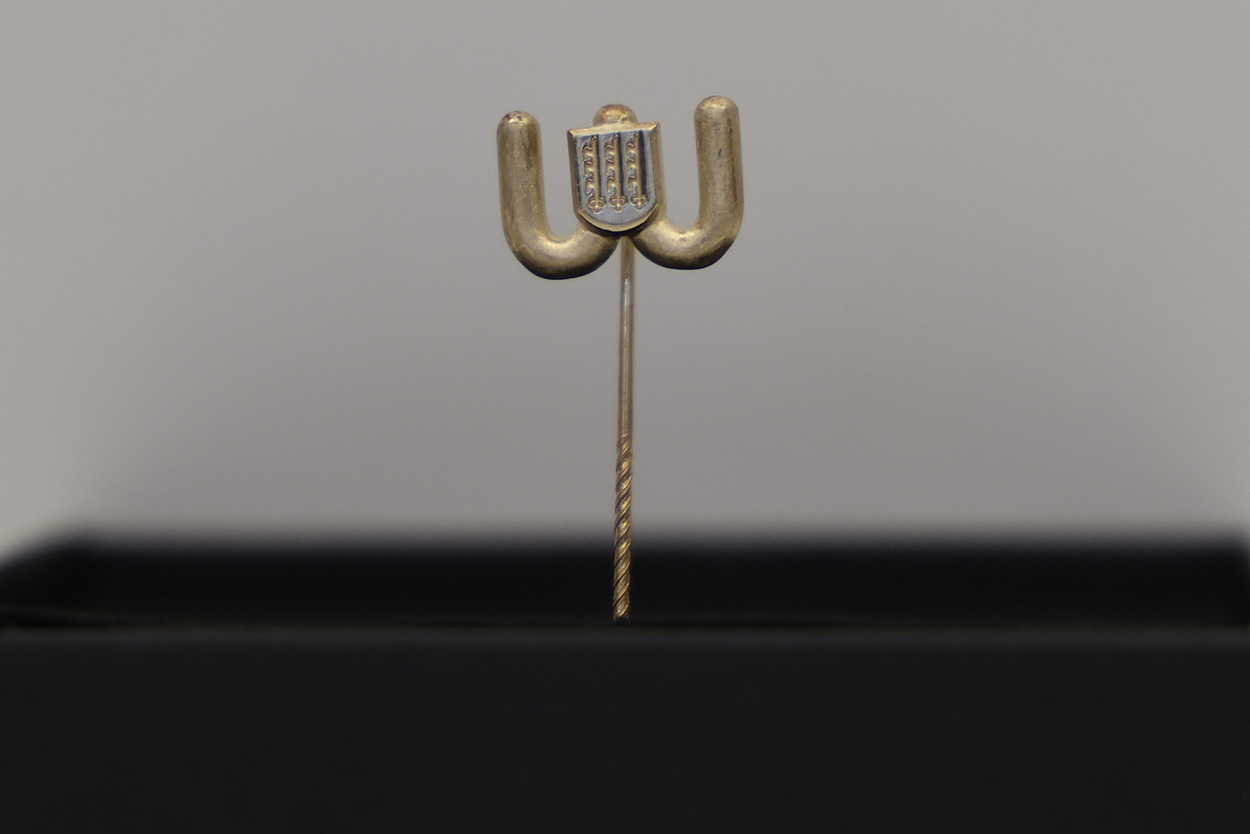 ein goldfarbener Anstecker mit einem W-förmigen Kopf und einem Stadtwappen