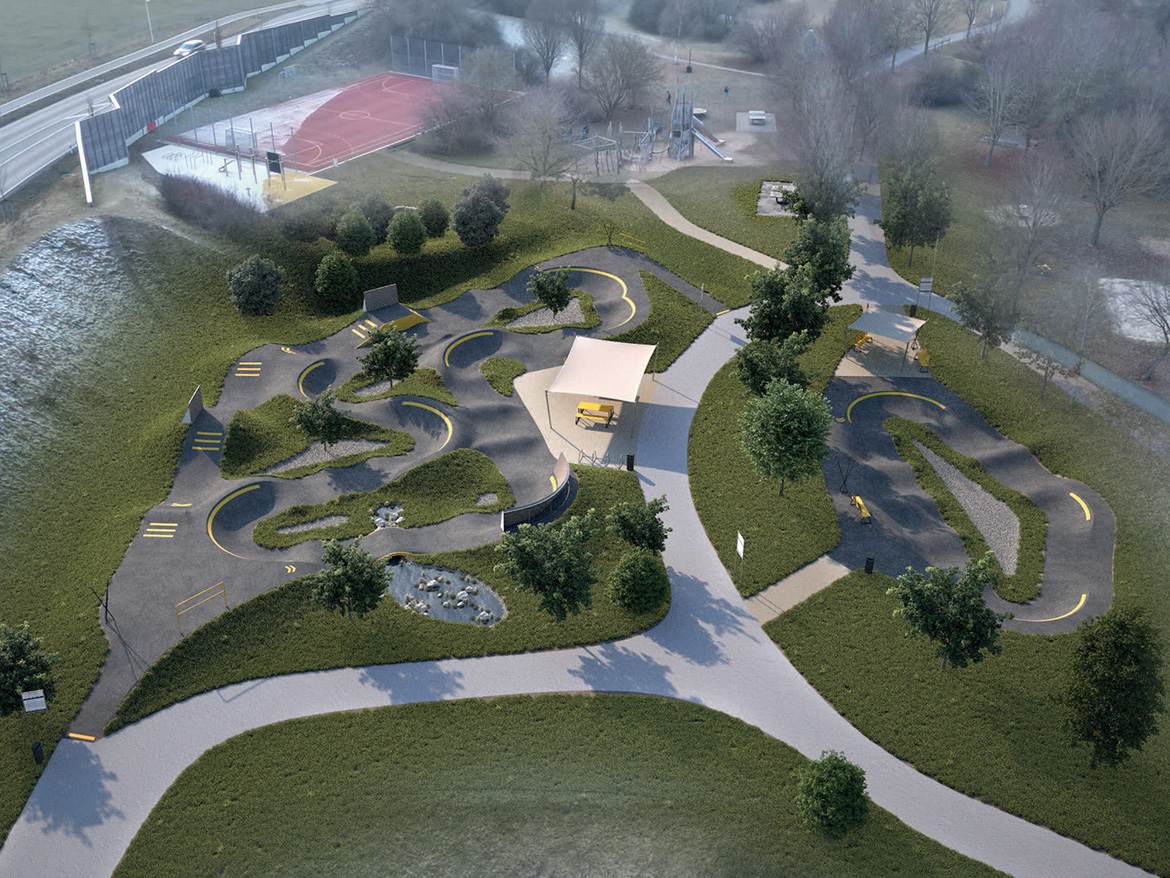 Eine grüne Pumptrack-Anlage von oben