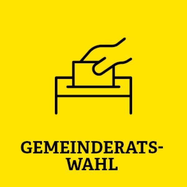 gelbe Kachel mit der Aufschrift Gemeinderatswahl