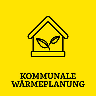 gelbe Kachel mit Aufschrift Kommunale Wärmeplanung