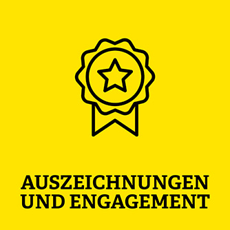gelbe Kachel mit der Aufschrift Auszeichnungen und Engagement