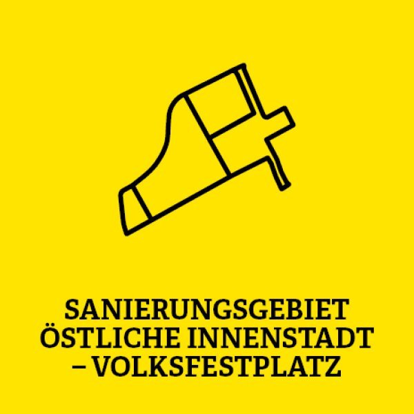 Gelbe Kachel mit Kartenausschnitt in der Mitte und der Aufschrift Sanierungsgebiet Östliche Innenstadt - Volksfestplatz