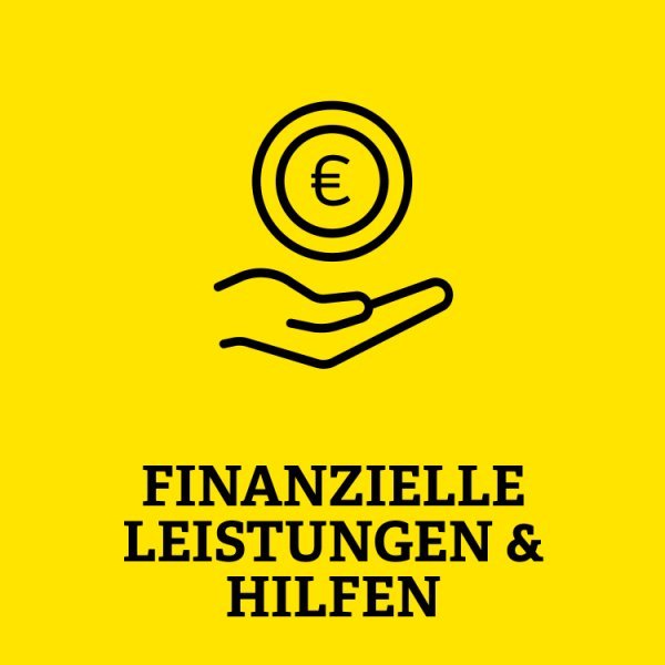 Hand mit Geld und Aufschrift Finanzielle Leistungen und Hilfen