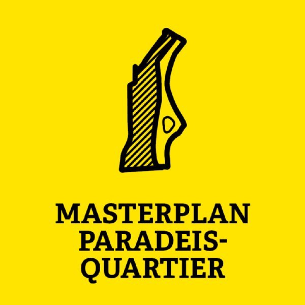 Umriss des Bereich und unterhalb die Aufschrift Masterplan Paradise-Quartier