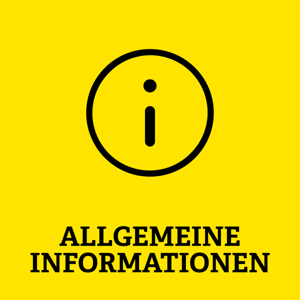 gelbe Kachel mit Aufschrift Allgemein Informationen und einem I-Symbol