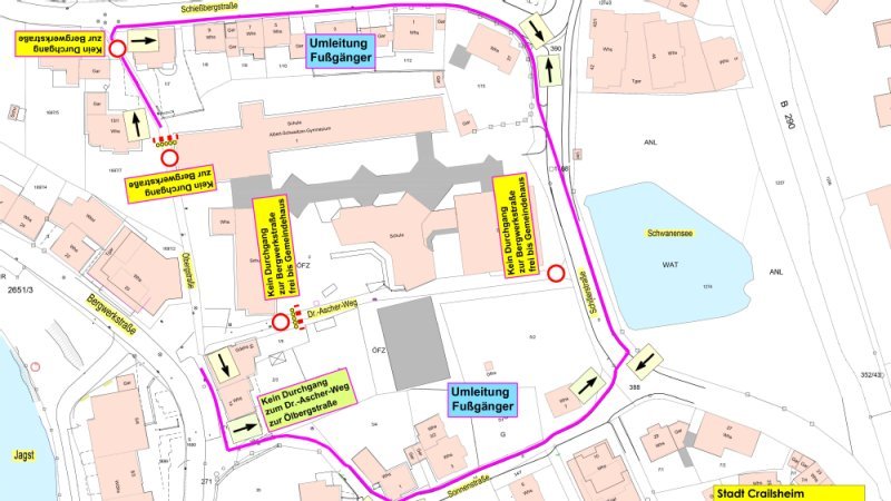 Plan mit farbig gekennzeichneter Umleitung für die Fußgänger