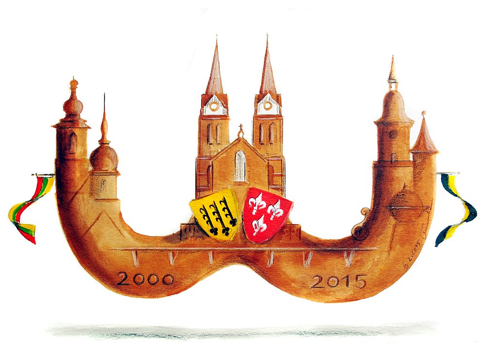 Der Jurbarkas-Horaff zum 15-jährigen Bestehen der Städtepartnerschaft zeigt die Stadtlogos und die Türme.