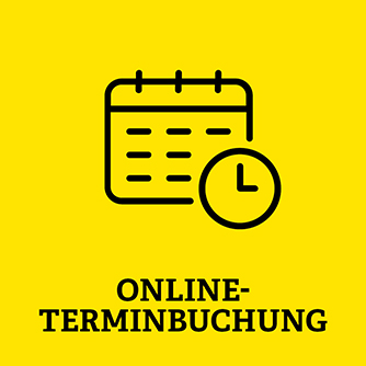 gelbe Kachel mit Aufschrift Online-Terminbuchung