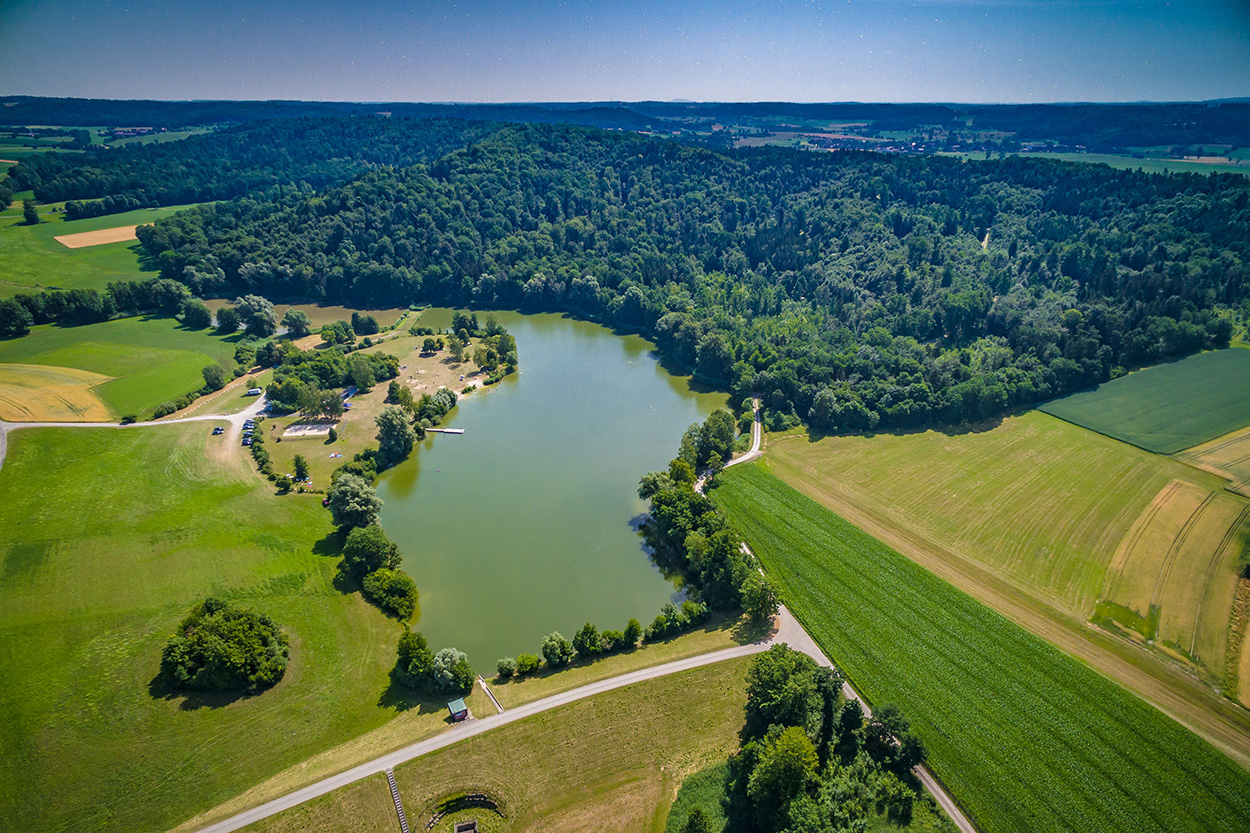 Ein idyllisch gelegner See umgeben von Grün und Wald